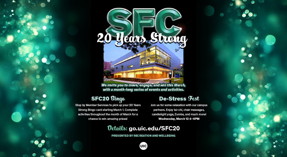 A background with a glowing green bokeh effect surrounds the central text. A photo of a modern building with large glass windows is positioned in the middle of the flyer.