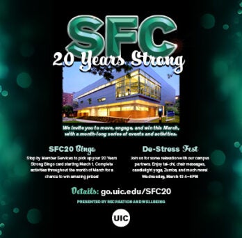 A background with a glowing green bokeh effect surrounds the central text. A photo of a modern building with large glass windows is positioned in the middle of the flyer. 